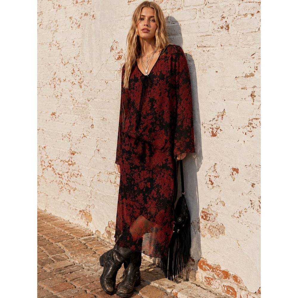 Vintage Black Burgundy Floral Chiffon Maxi Dress Sheer Romantic Whimsigoth  16
